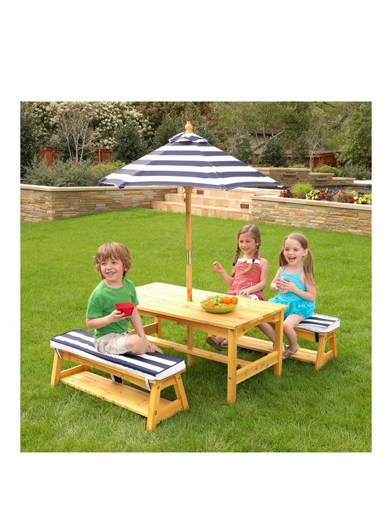 stillFront image of kidkraft-outdoor-picnic-table-amp-bench-set-with-cushions-amp-umbrella