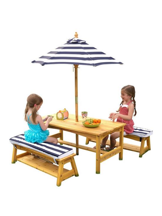 stillFront image of kidkraft-outdoor-picnic-table-amp-bench-set-with-cushions-amp-umbrella