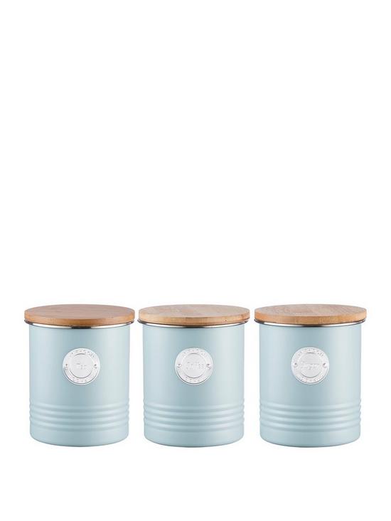 front image of typhoon-living-tea-coffee-and-sugar-storage-canisters-blue