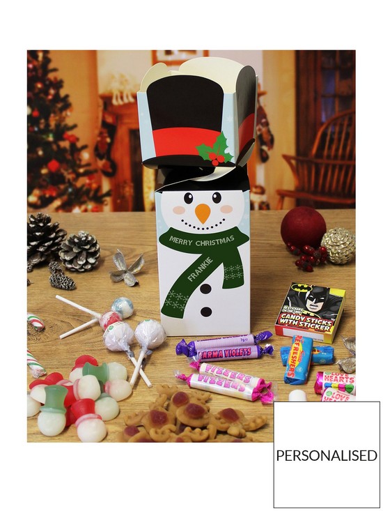front image of personalised-snowman-christmas-themed-sweet-box-400-grams