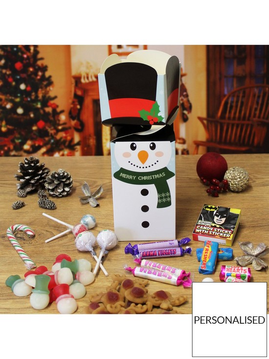 stillFront image of personalised-snowman-christmas-themed-sweet-box-400-grams