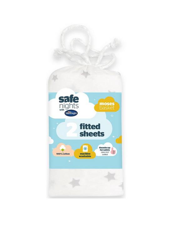 front image of silentnight-safe-nights-2-x-fitted-sheets-moses-basket-star-print