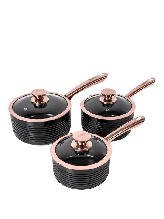 front image of tower-linear-rose-gold-3-piece-saucepan-set-in-black