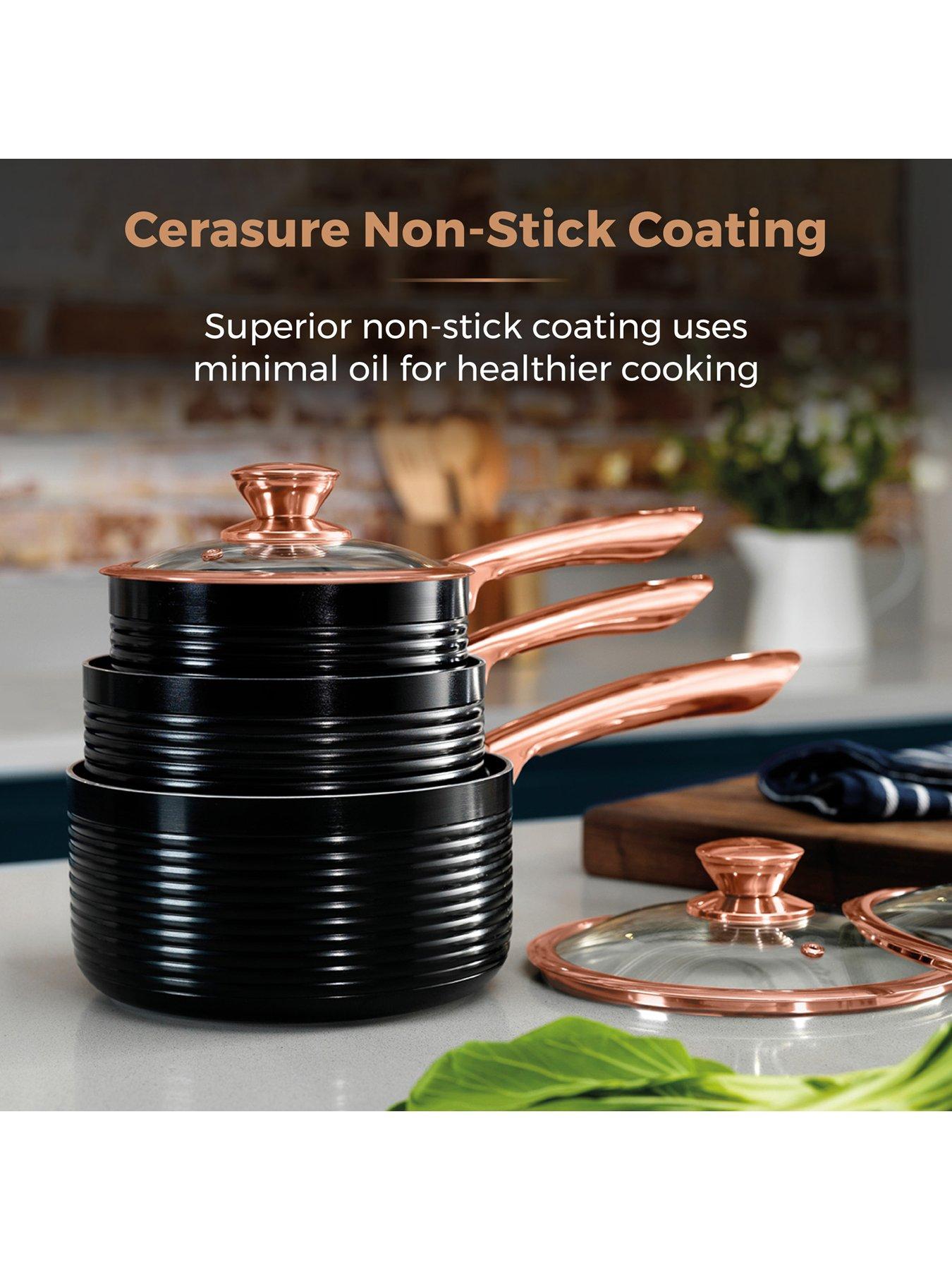  image of tower-linear-rose-gold-3-piece-saucepan-set-in-black