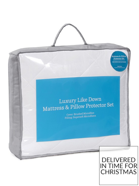 front image of very-home-luxury-like-down-mattress-and-pillow-protector-set