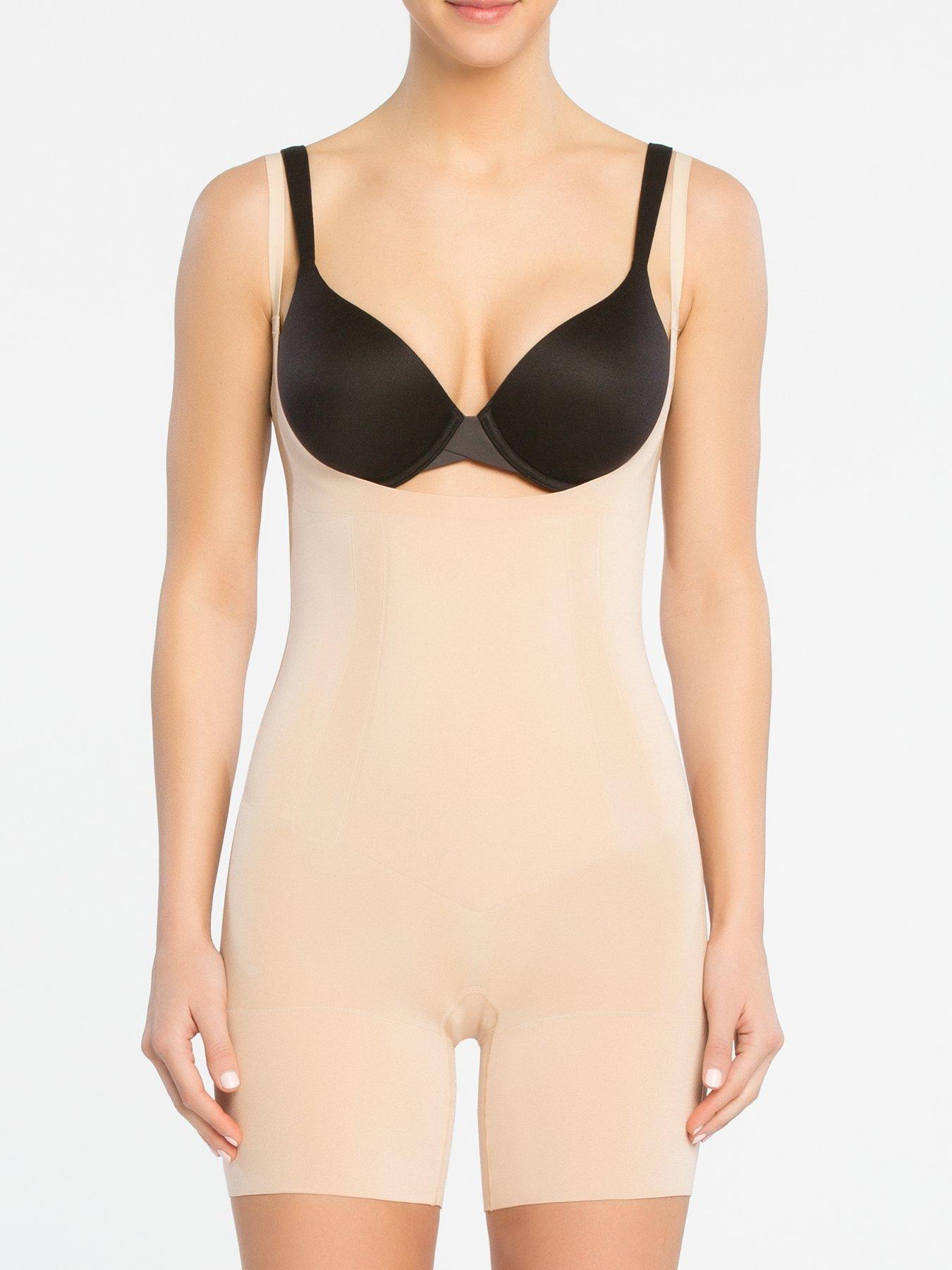 Spanx Suit Your Fancy Plunge Low Back Mid Thigh Bodysuit - Beige