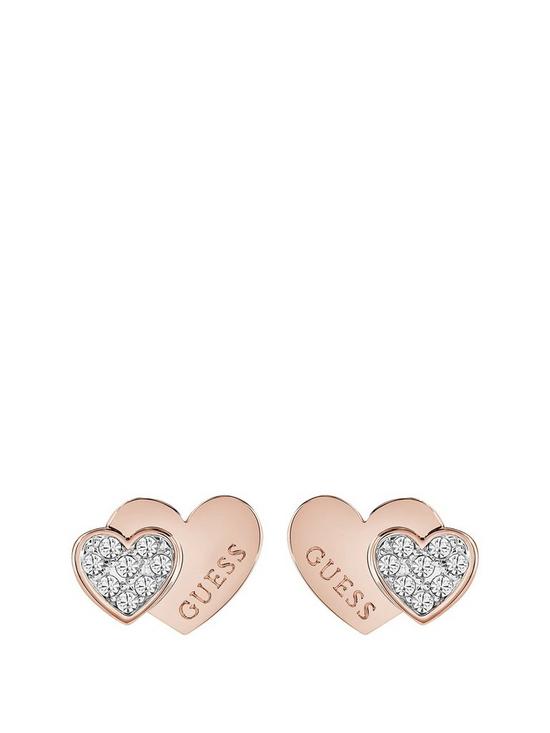 front image of guess-rose-gold-plated-crystal-set-heart-ladies-earrings