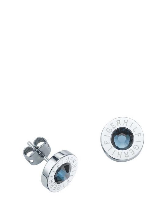 front image of tommy-hilfiger-stainless-steel-and-blue-stone-logo-earrings