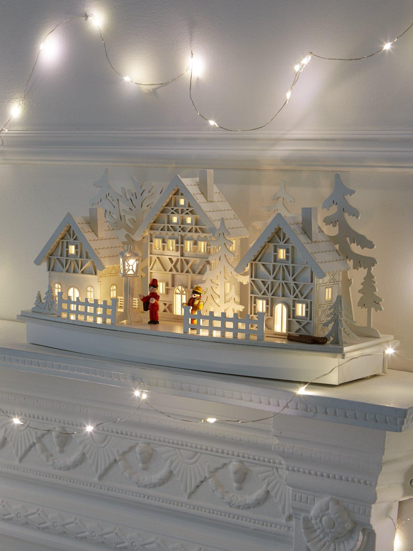 Very Home White Wood Lit Village Scene Christmas Decoration