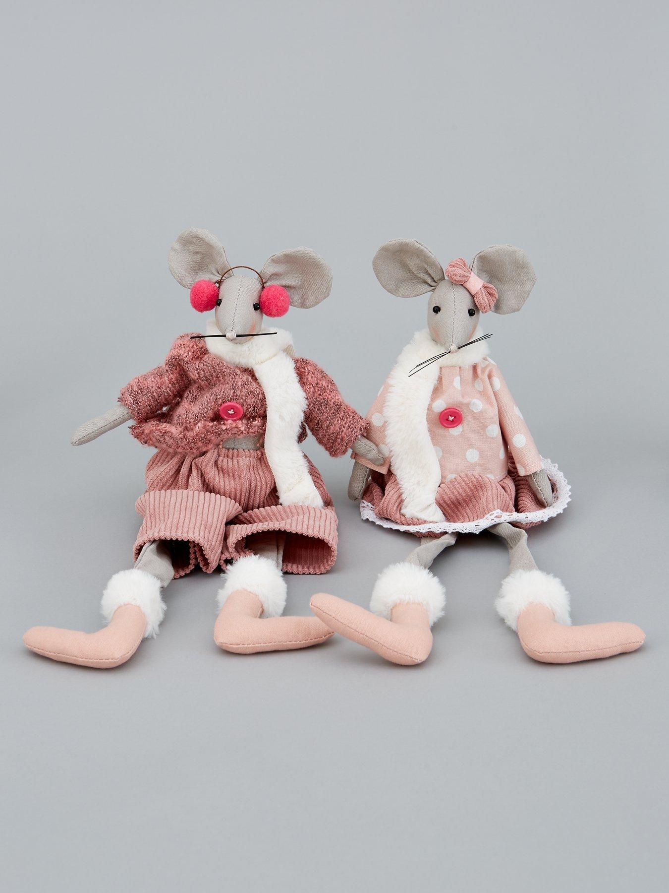 Pink Grey Dangly Leg Mice Christmas Decorations Set Of 2