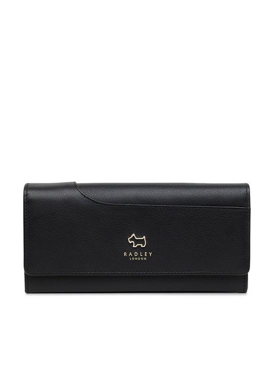 front image of radley-pockets-leather-large-flapover-matinee-purse-black