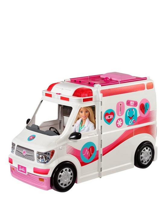 front image of barbie-careers-care-clinic-vehicle-ambulance-with-lights-and-sounds