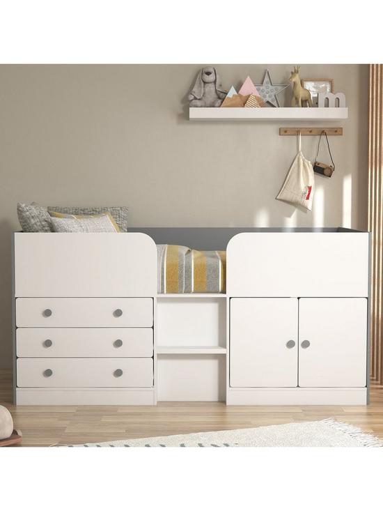 front image of very-home-peyton-kids-mid-sleeper-bed-with-drawers-cupboard-and-mattress-options-buy-and-save-whitegrey