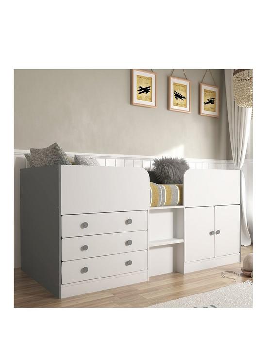 stillFront image of very-home-peyton-kids-mid-sleeper-bed-with-drawers-cupboard-and-mattress-options-buy-and-save-whitegrey