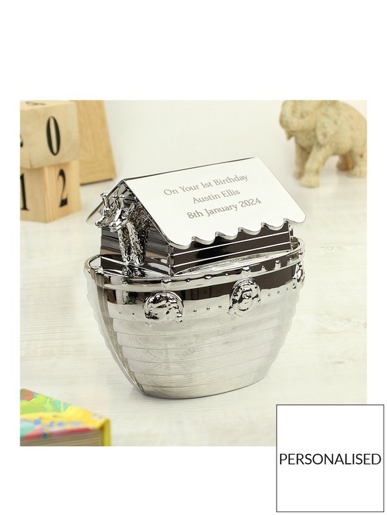 front image of the-personalised-memento-company-personalised-silver-noahs-ark-money-box