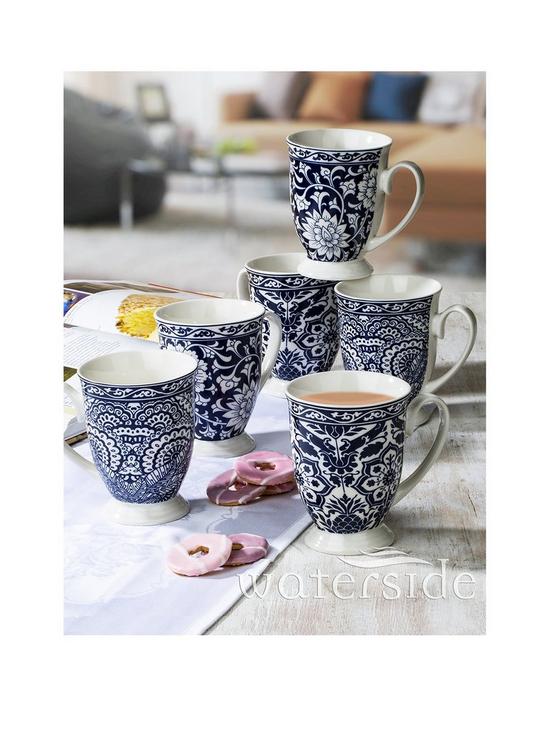 front image of waterside-blue-floral-footed-mugs-set-of-6