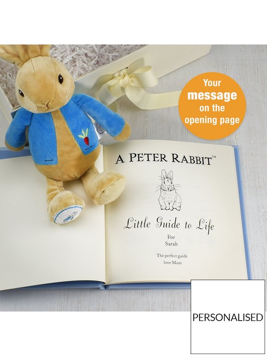 stillFront image of signature-gifts-personalised-peter-rabbit-guide-to-life-plush-toy-gift-set