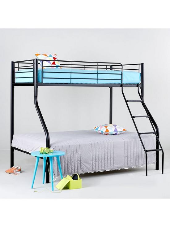 stillFront image of domino-metal-trio-bunk-bed-with-optional-mattresses-fitted-with-a-ladder-and-guard-rail-on-the-top-bunk