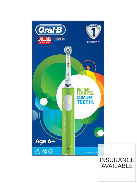 stillFront image of oral-b-junior-electric-rechargeable-toothbrush-for-children-aged-6-in-green-2-pin-plug