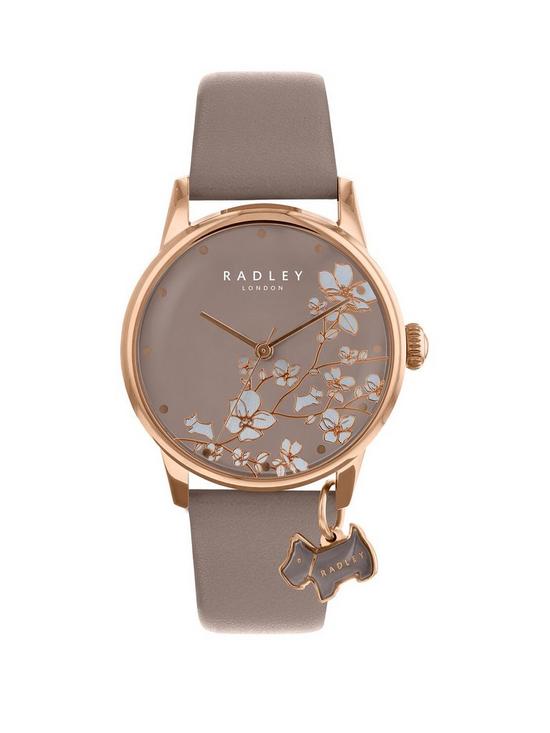 front image of radley-ry2690nbsptaupe-floral-and-rose-gold-dog-charm-dial-taupe-leather-strap-ladies-watch