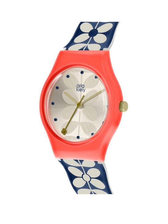 stillFront image of orla-kiely-bobby-champagne-with-pink-dial-blue-and-white-stem-print-silicone-strap-ladies-watch
