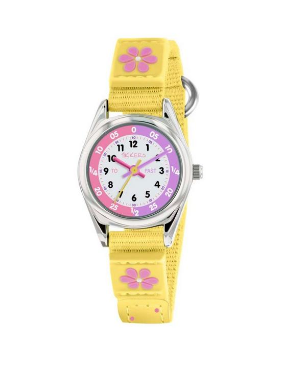 front image of tikkers-white-and-pink-time-teller-dial-yellow-fabric-velcro-strap-kids-watch