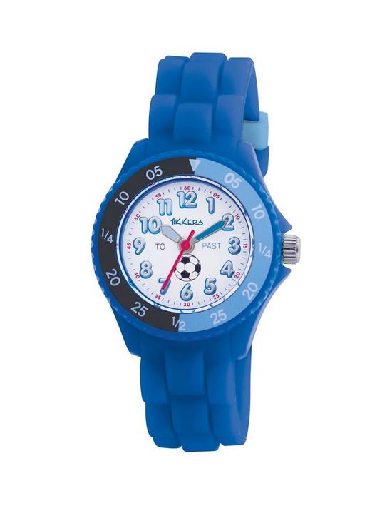 front image of tikkers-white-and-blue-football-print-time-dial-blue-silicone-strap-kids-watch