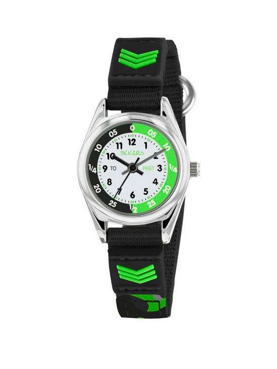 front image of tikkers-white-black-and-green-time-teller-dial-black-fabris-velco-strap-kids-watch