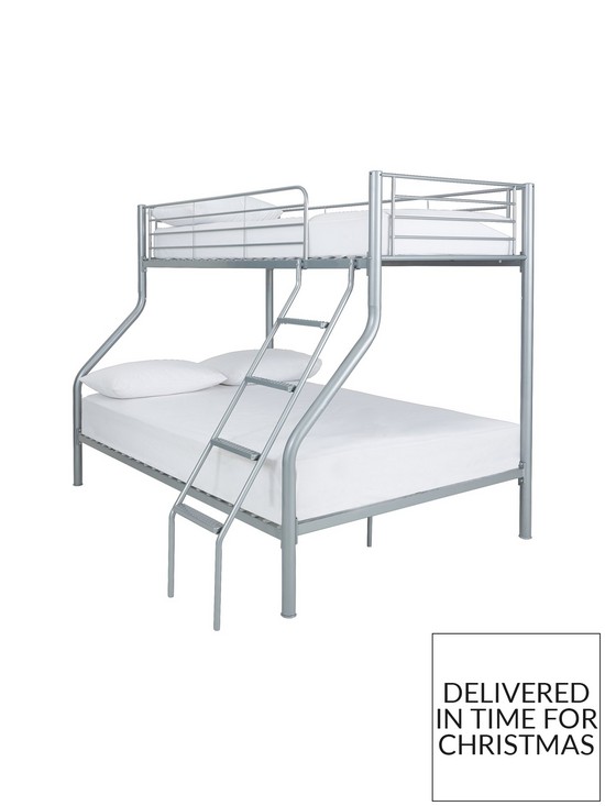front image of very-home-domino-metal-trio-bunk-bed-with-optional-mattresses-fitted-with-a-ladder-and-guard-rail-on-the-top-bunk