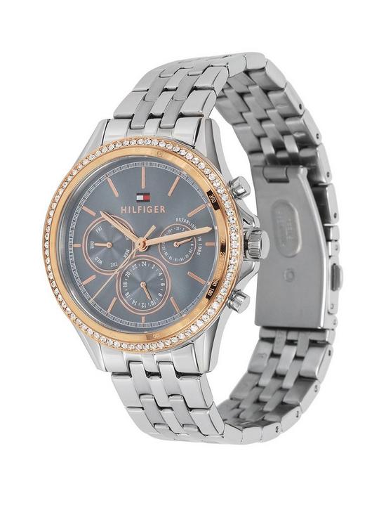 stillFront image of tommy-hilfiger-blue-and-rose-gold-detail-dial-stainless-steel-bracelet-ladiesnbspwatch