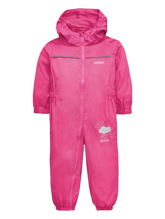 front image of regatta-baby-girl-puddle-iv-splash-suit-pink