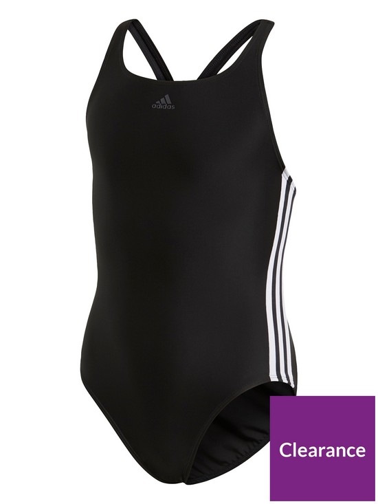 front image of adidas-girls-fit-3-stripe-swimsuit-black