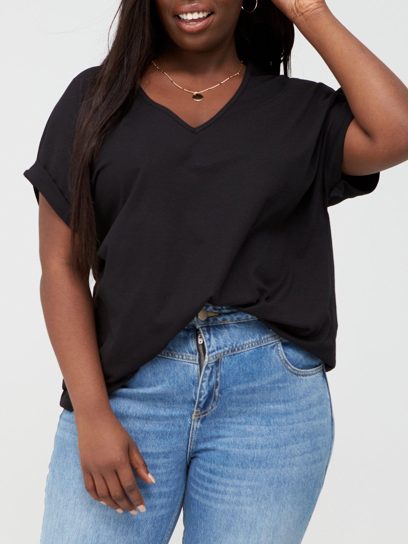  image of v-by-very-curve-valuenbspv-neck-turn-back-cuff-t-shirt-black