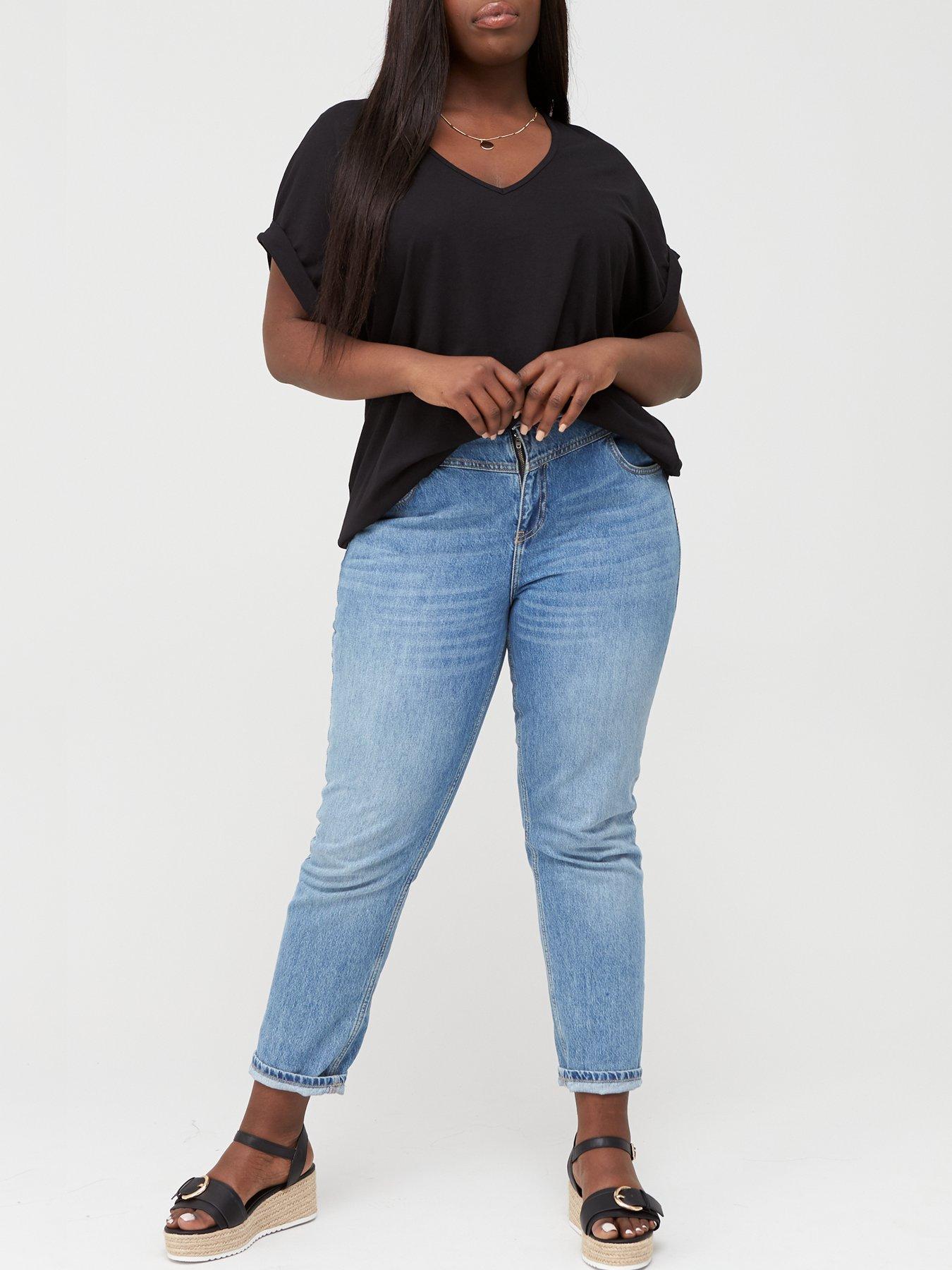  image of v-by-very-curve-valuenbspv-neck-turn-back-cuff-t-shirt-black