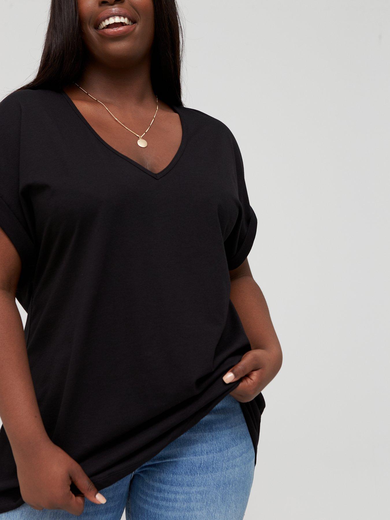  image of v-by-very-curve-valuenbspv-neck-turn-back-cuff-t-shirt-black