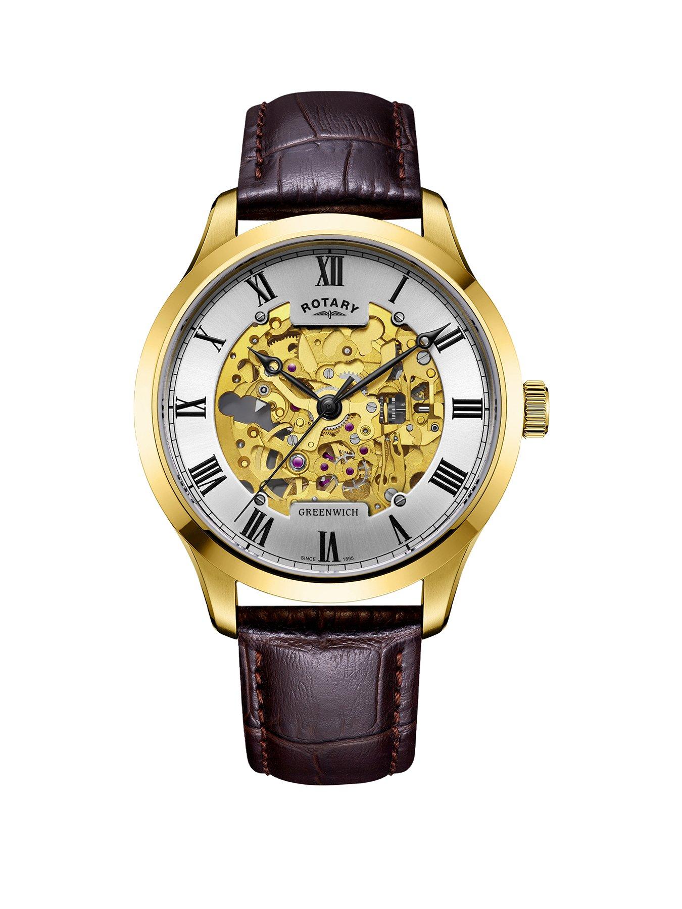 Rotary Greenwich Gold Skeleton Dial Brown Leather Strap Mens Watch ...