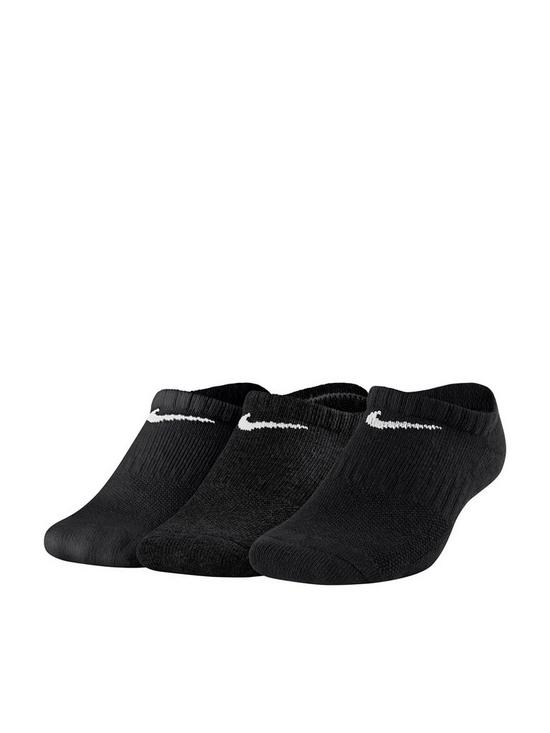 front image of nike-childrens-3-pack-performance-no-show-training-socks-black