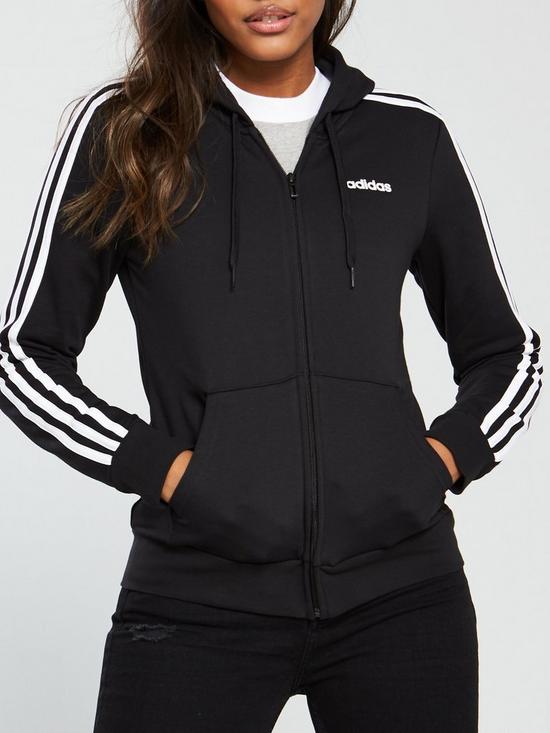 front image of adidas-essentials-3-stripe-full-zip-hoodienbsp--blacknbsp