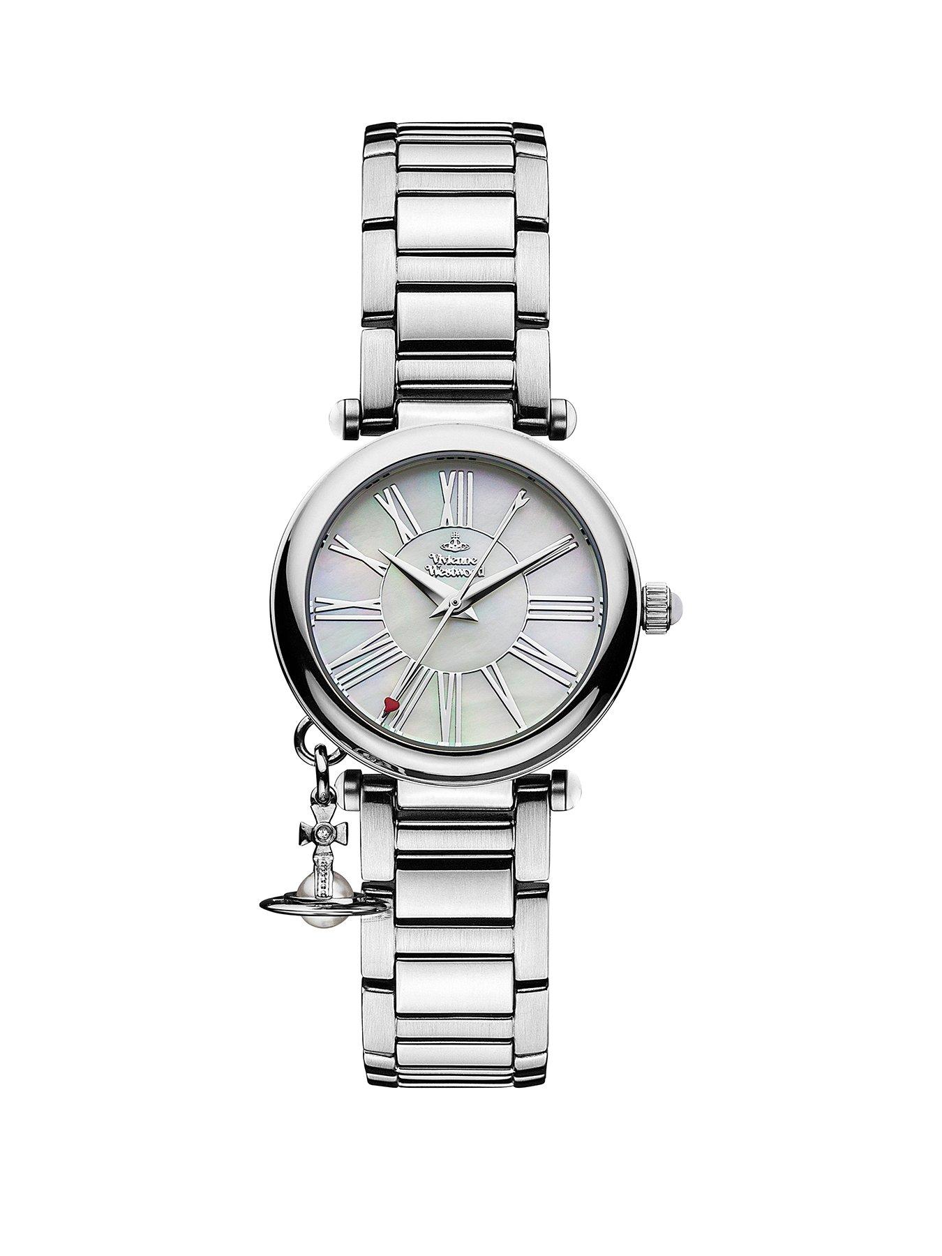 Vivienne Westwood Mother Orb Mother of Pearl and Silver Detail Dial with Charm Stainless Steel Bracelet Ladies Watch littlewoods