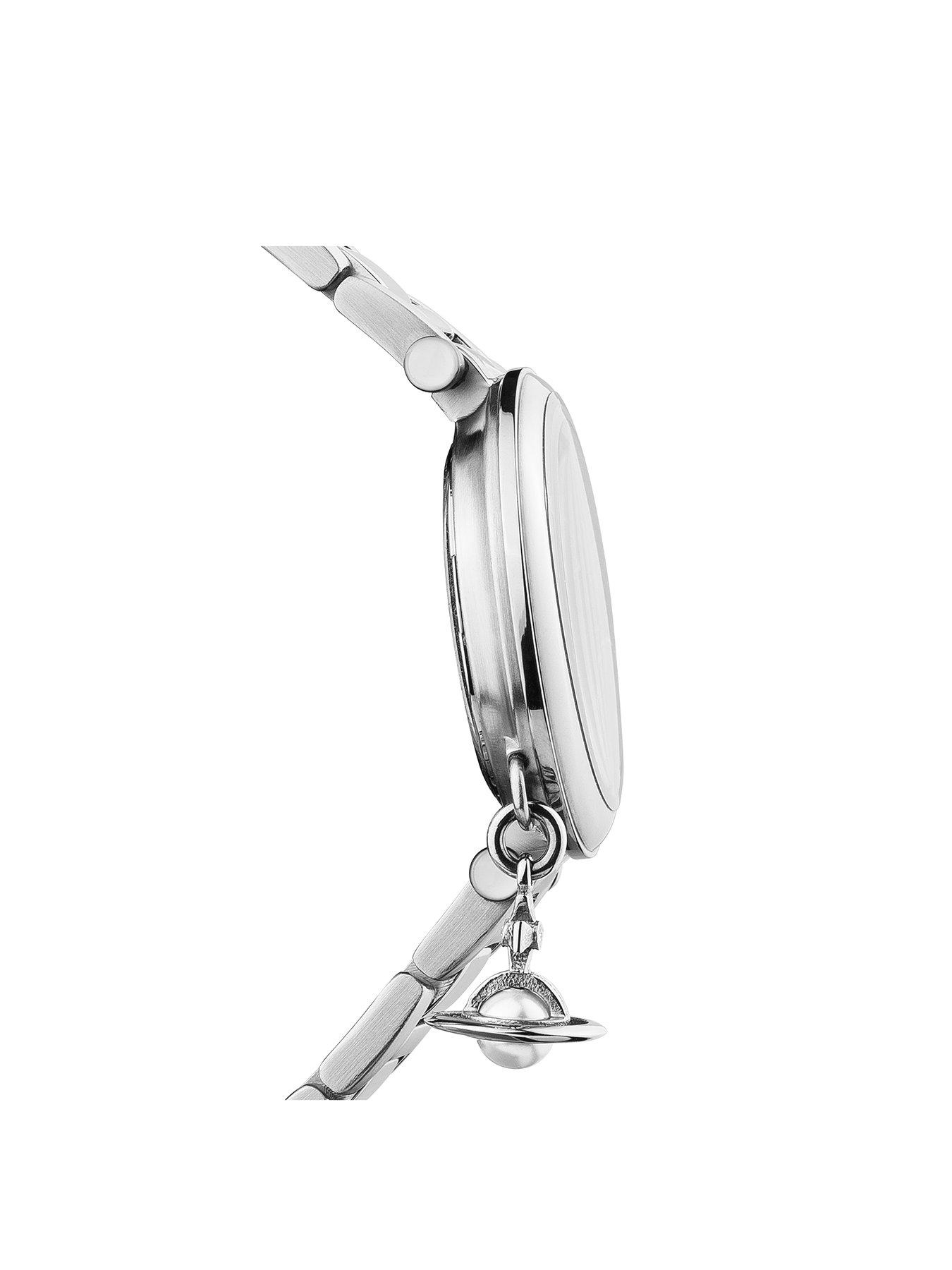  image of vivienne-westwood-mother-orb-mother-of-pearl-and-silver-detail-dial-with-charm-stainless-steel-bracelet-ladies-watch