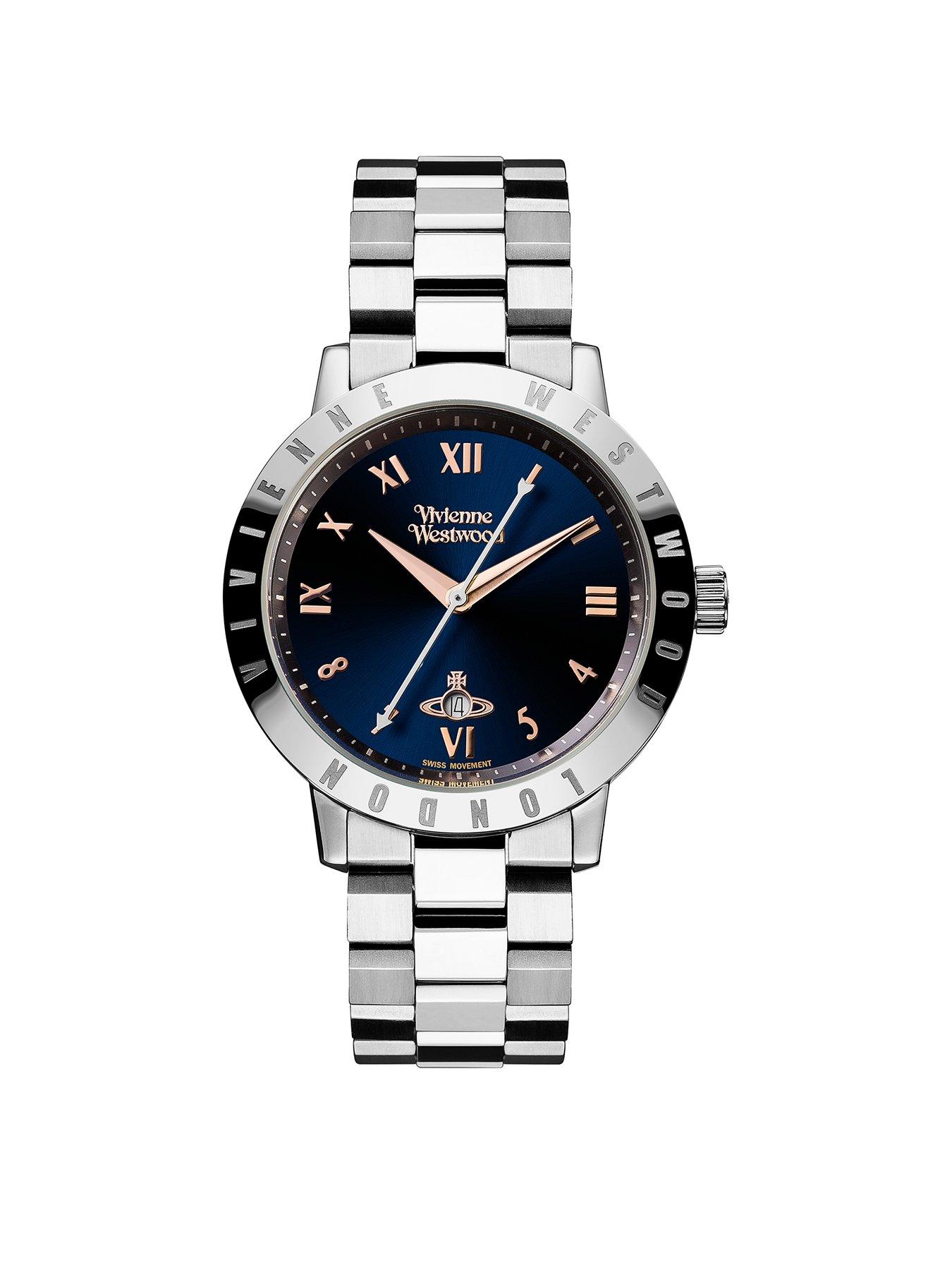 undefined Bloomsbury Blue and Rose Gold Detail Date Dial Stainless Steel Bracelet Ladies Watch