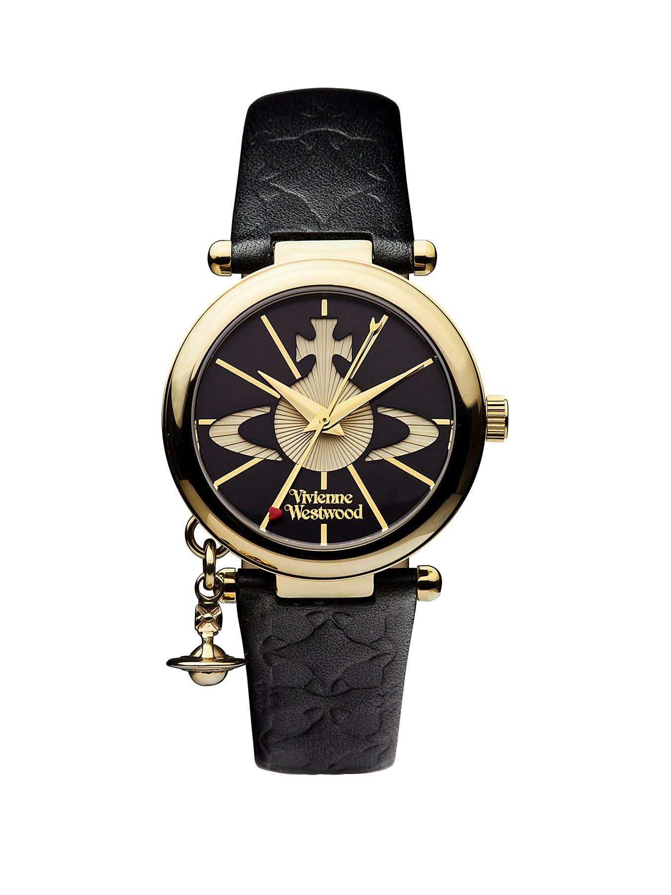 Vivienne Westwood Orb II Black and Gold Logo Dial Gold Plated Case and Charm Black Leather Strap Ladies Watch