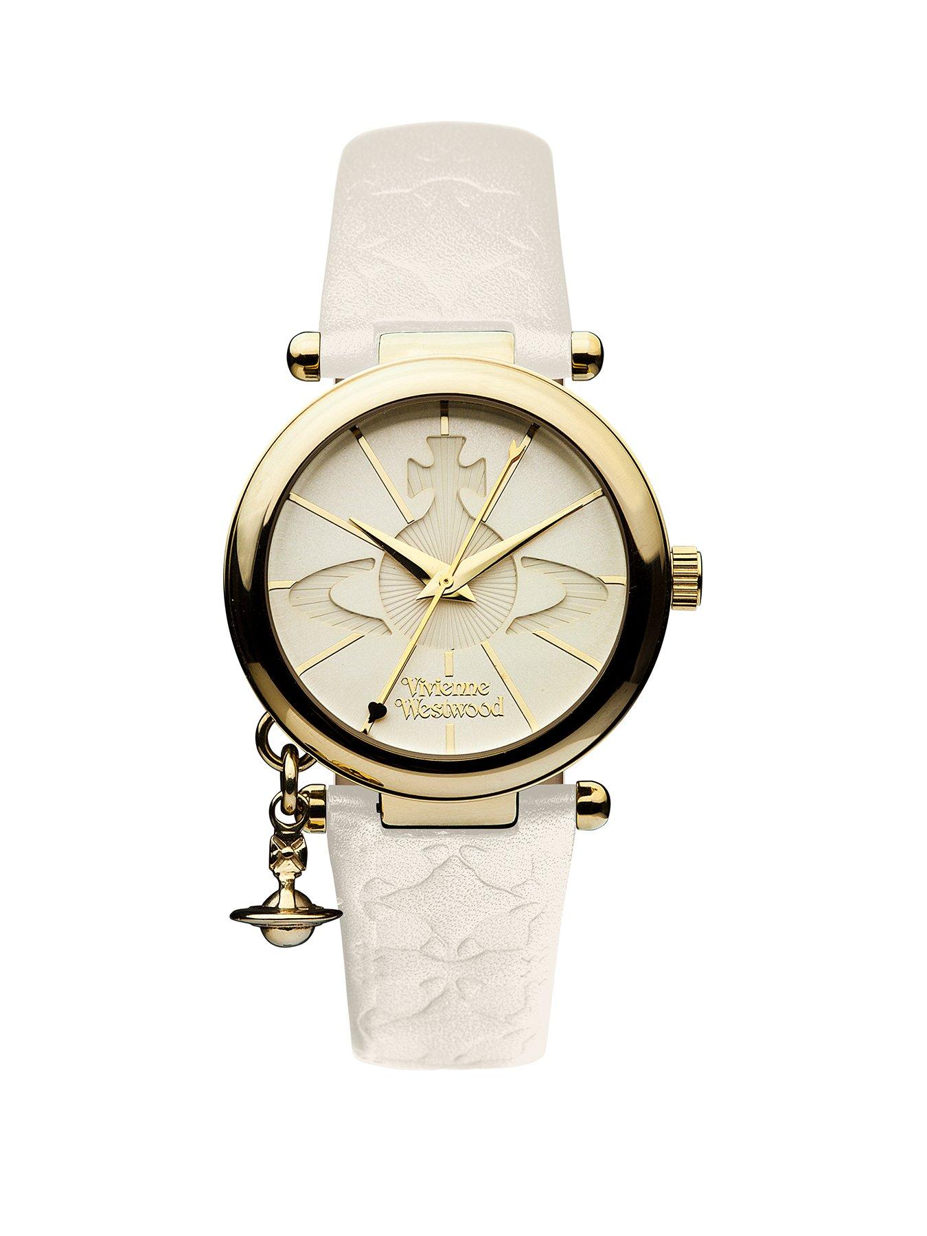 Image 1 of 3 of Vivienne Westwood Orb II White and Gold Logo&nbsp;Charm White Leather Strap Ladies Watch