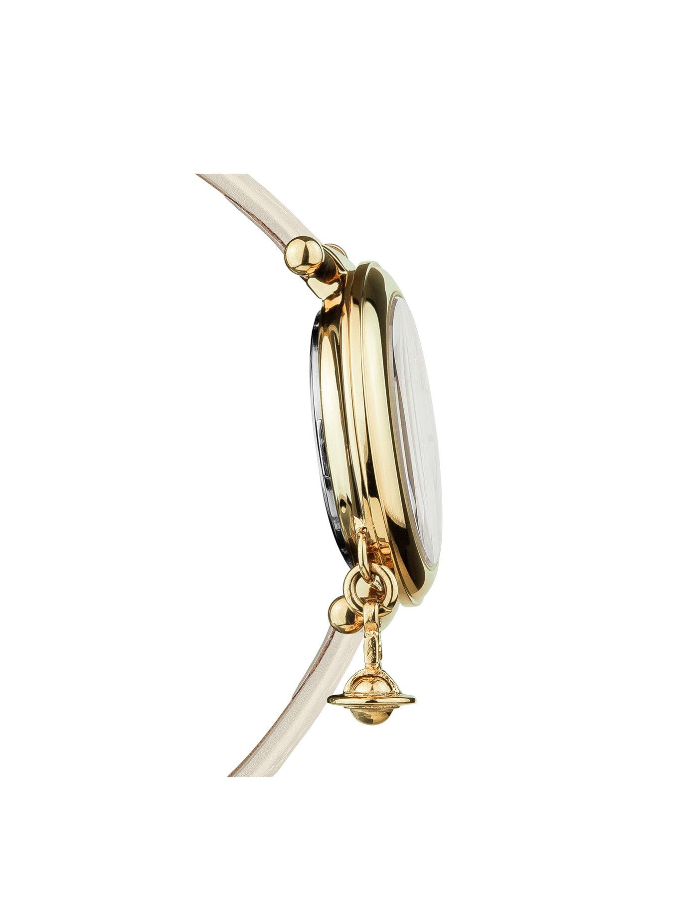  image of vivienne-westwood-orb-ii-white-and-gold-logo-dial-gold-plated-case-and-charm-white-leather-strap-ladies-watch