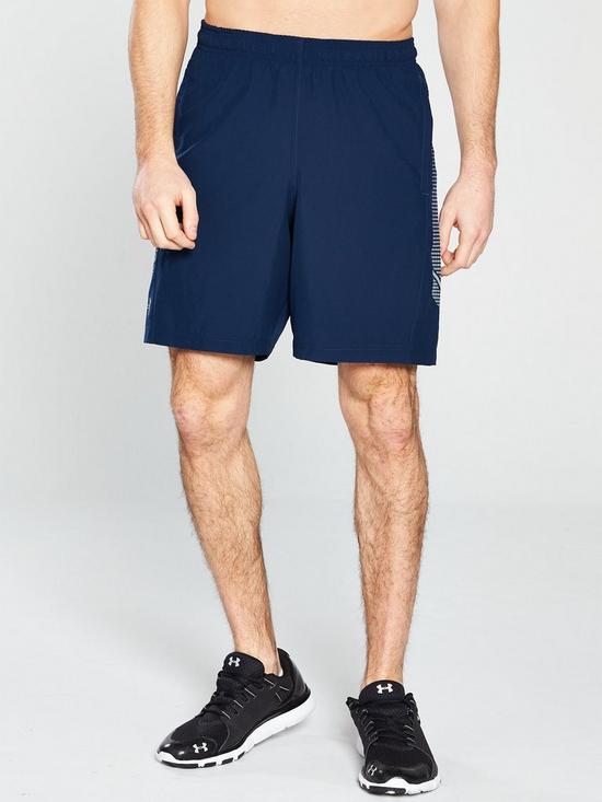 front image of under-armour-training-woven-graphic-shorts-navy