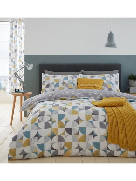 front image of catherine-lansfield-retro-circles-duvet-cover-set-teal-ochre