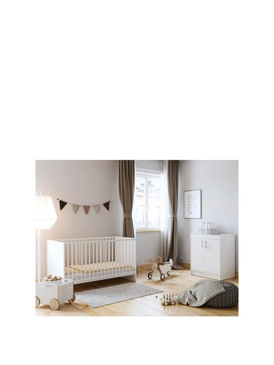 front image of little-acorns-santorini-cot-bed-amp-changer-set-white