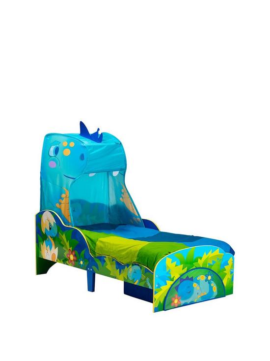 front image of worlds-apart-dinosaur-toddler-bed-with-canopy-and-storage