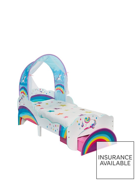front image of worlds-apart-unicorn-and-rainbow-toddler-bed-with-canopy-and-storage