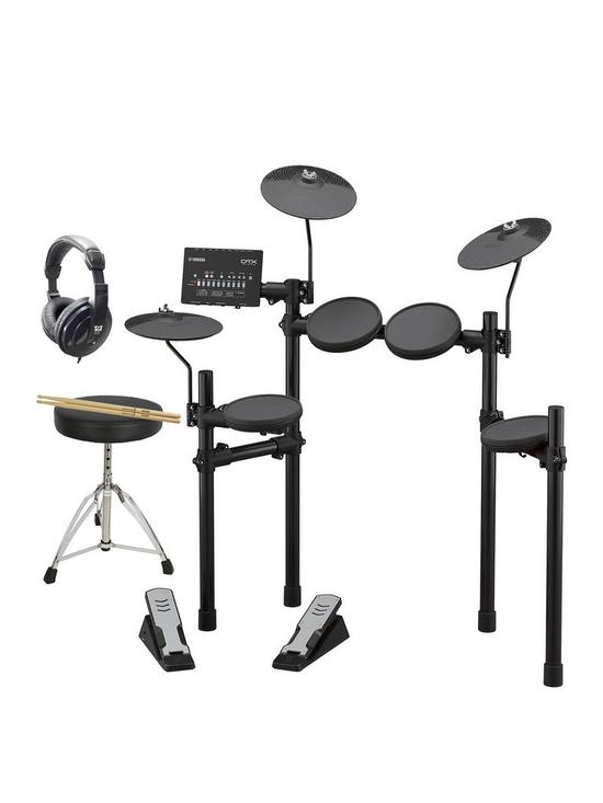 front image of yamaha-dtx402-electronic-drum-kit-with-sticks-drum-throne-headphones-and-online-lessons